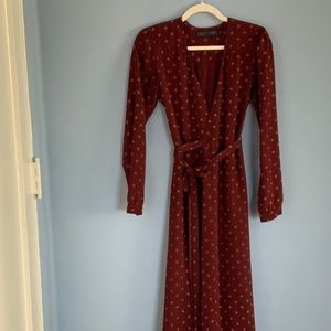 Christy Dawn Red/Maroon and Gold long sleeve wrap dress